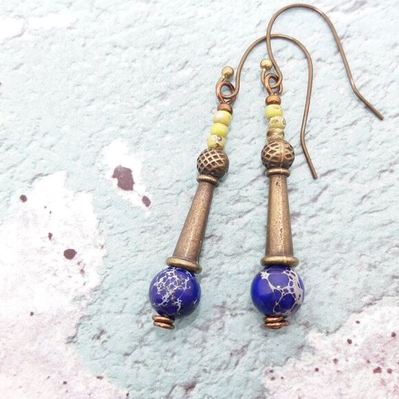 Boho Earrings 408# Bishop Bronze Antique.BronzeHooks Bohemian Blue ArtisanMadeC - Picture 1 of 3